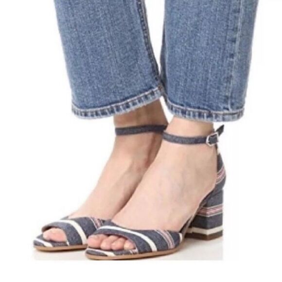 Sam Edelman Susie Stripe Denim Blue Heel Slingback Open Toe Blue Sandals Sz 8 - Picture 1 of 12